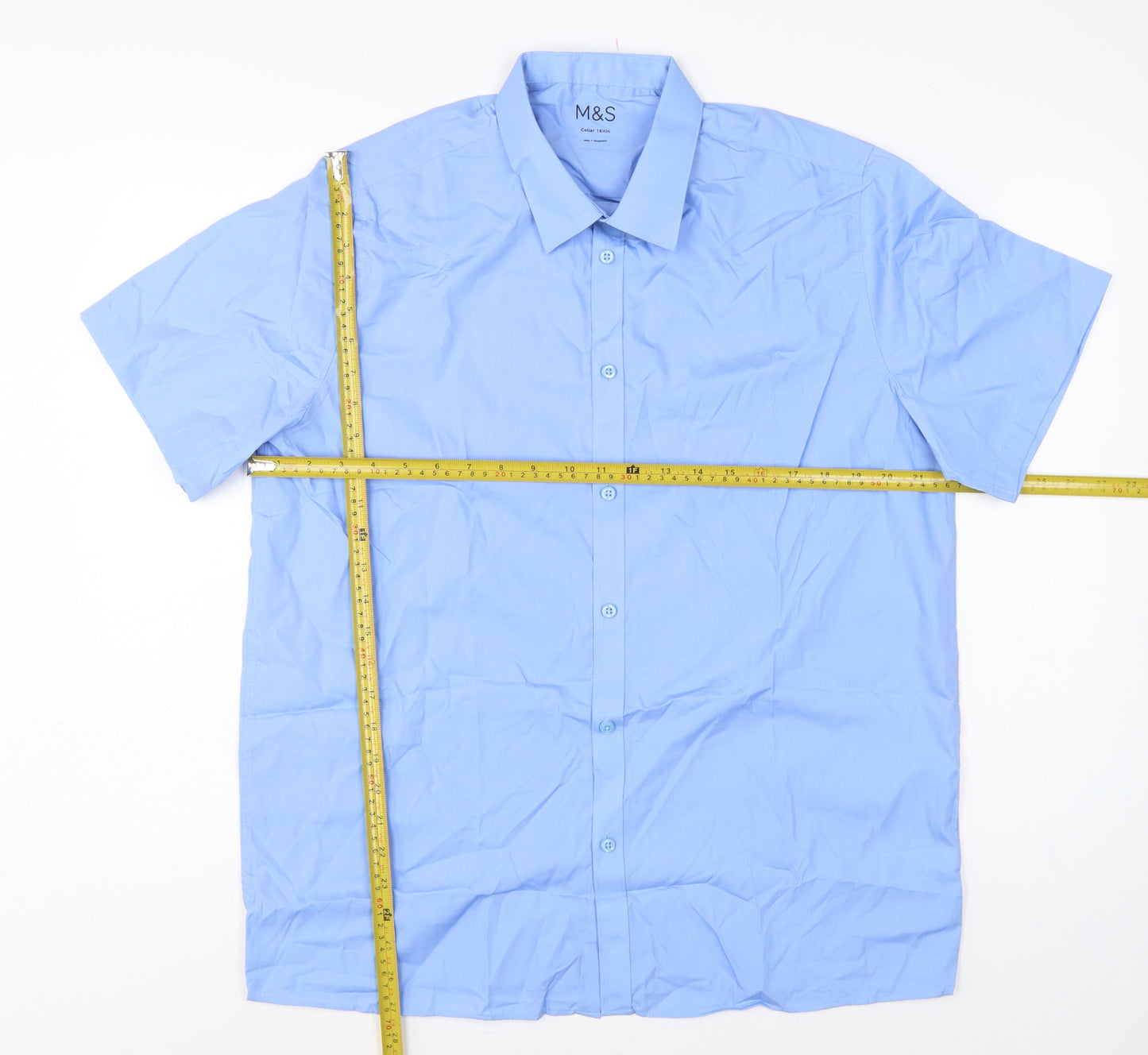 Marks and Spencer Men Blue 16.5in Collar Short Sleeve Button-Up Shirt