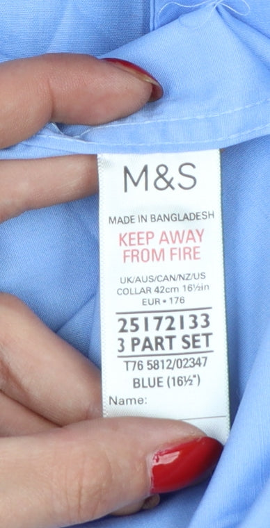 Marks and Spencer Men Blue 16.5in Collar Short Sleeve Button-Up Shirt