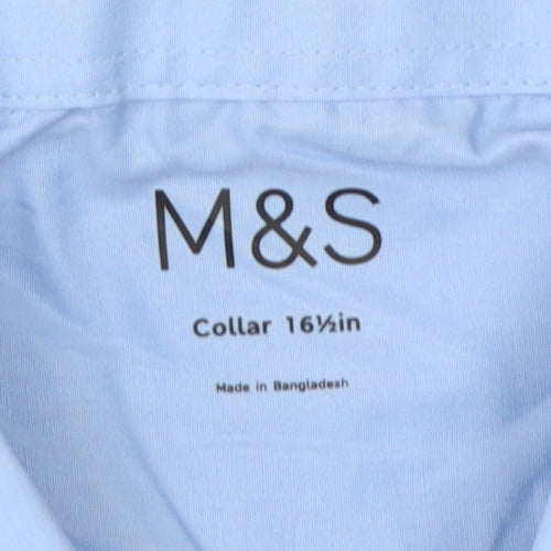 Marks and Spencer Men Blue 16.5in Collar Short Sleeve Button-Up Shirt