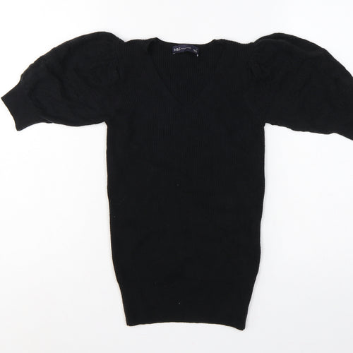 M&S Collection Women’s Black UK 6 V-Neck Cable Knit Puff Sleeve Jumper