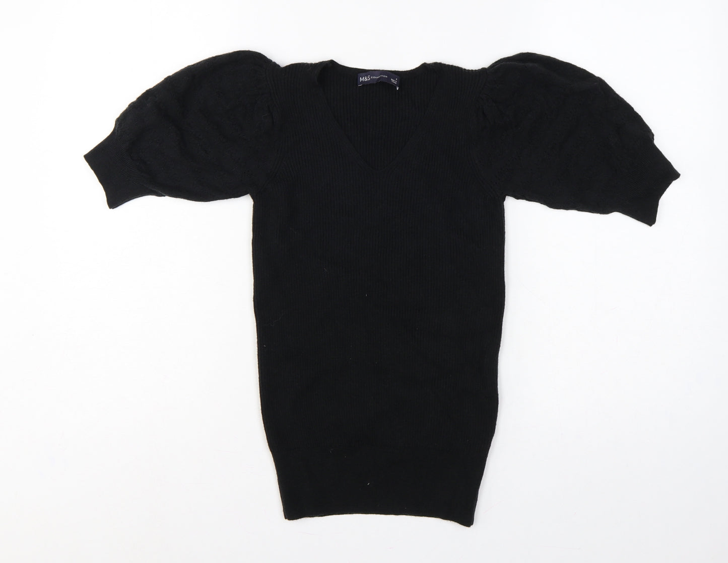 M&S Collection Women’s Black UK 6 V-Neck Cable Knit Puff Sleeve Jumper