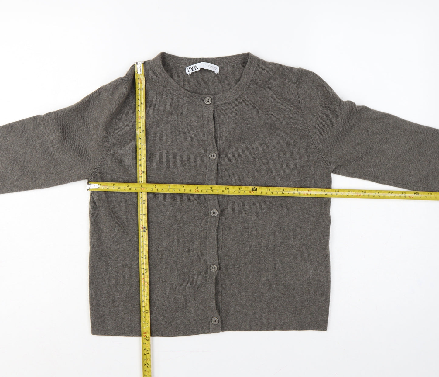 Zara Women Grey M Button Front Round Neck Knit Cardigan