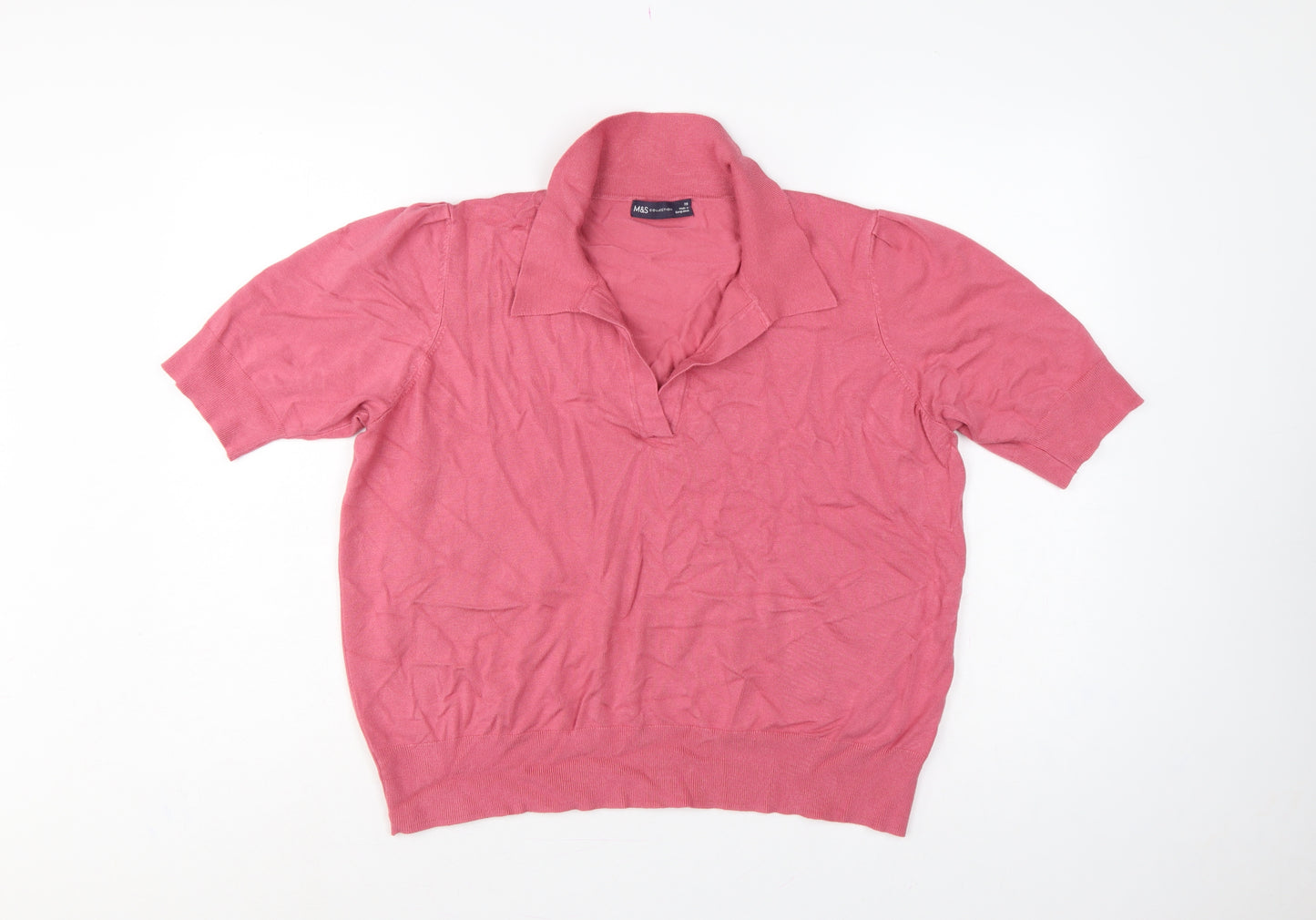 M&S Womens Pink Size 20 Collared Short Sleeve Fine Knit Jumper