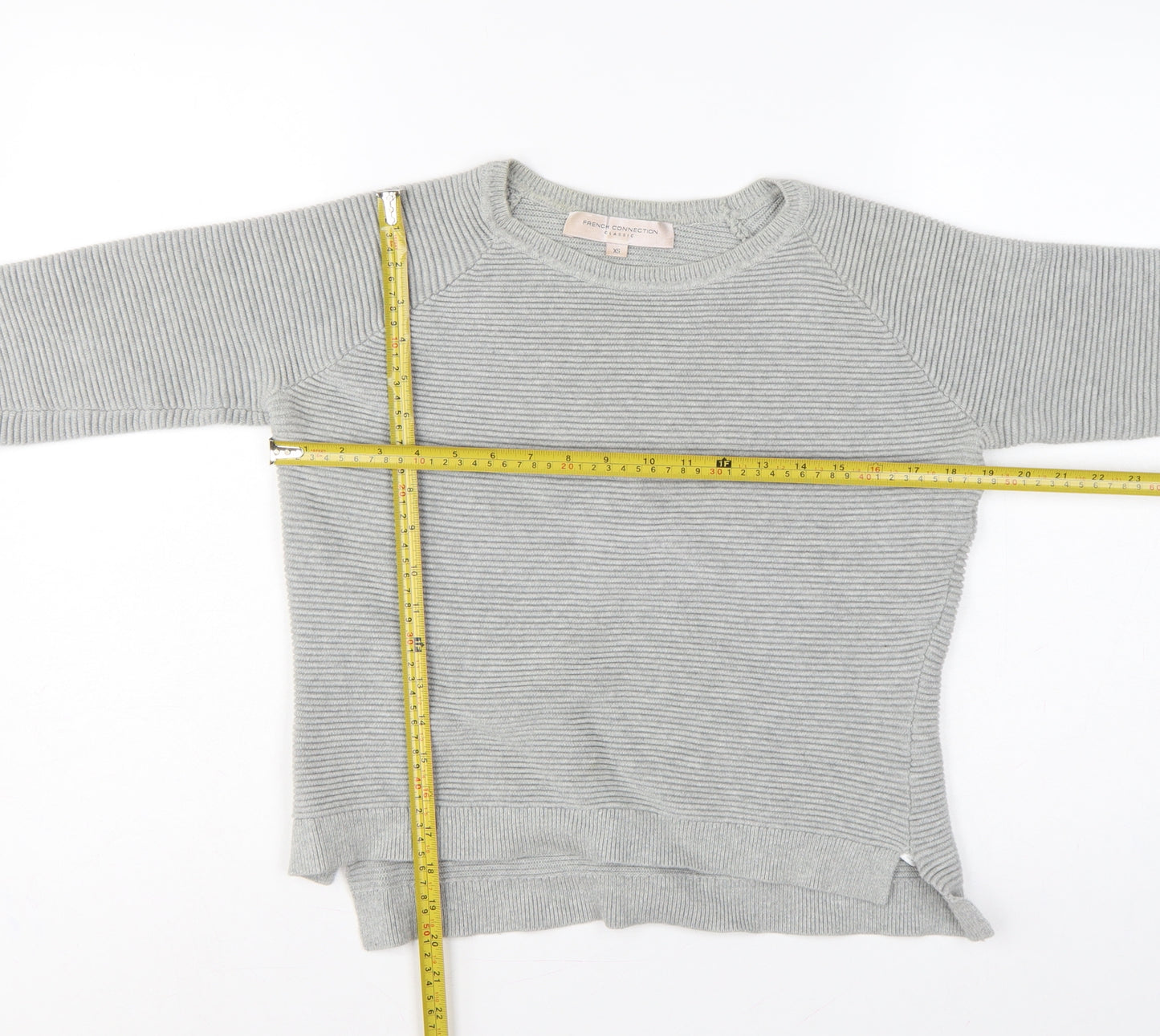 French Connection Women’s Grey XS Cotton Rib Knit Raglan Pullover Jumper