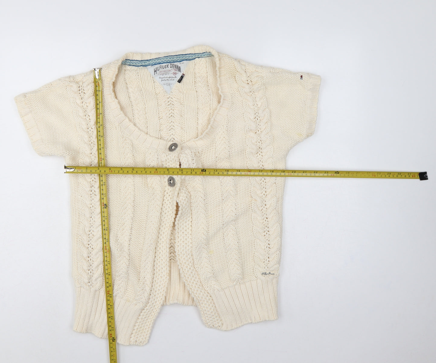 Hilfiger Denim Women Ivory XL Cable Knit Short Sleeve Cardigan