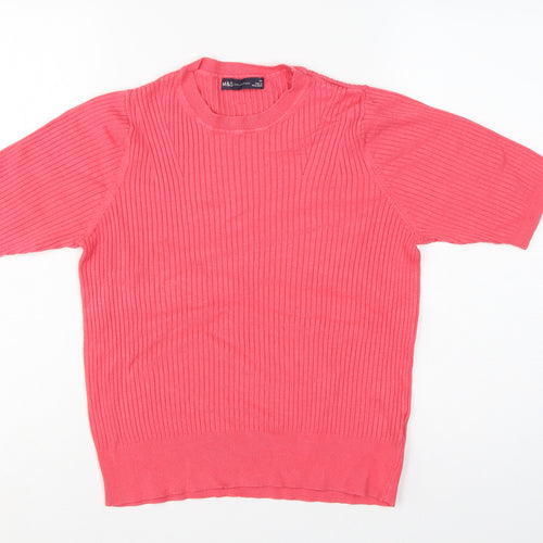 Marks and Spencer Women's Pink 14 Ribbed Short Sleeve Crew Neck Jumper