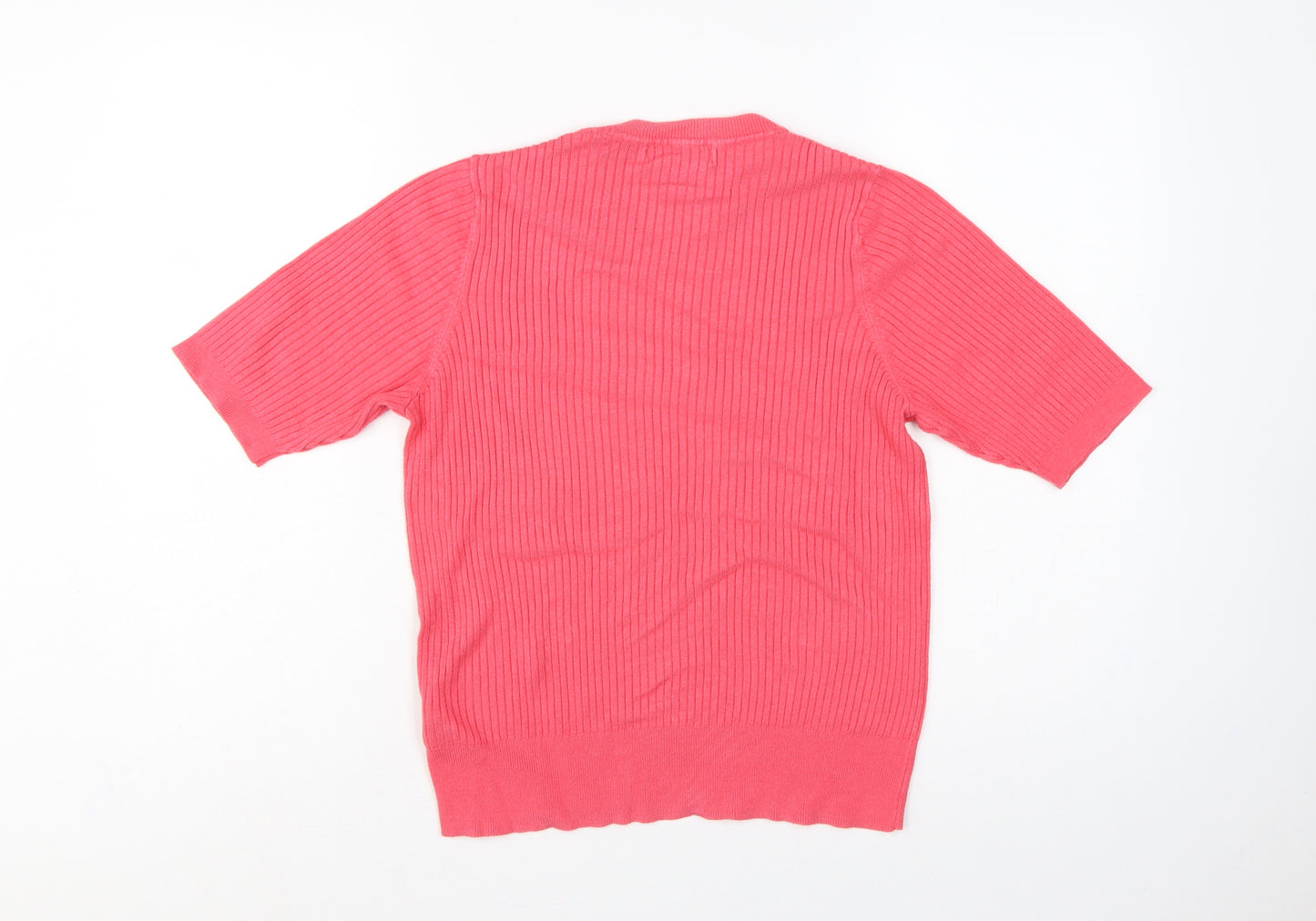 Marks and Spencer Women's Pink 14 Ribbed Short Sleeve Crew Neck Jumper