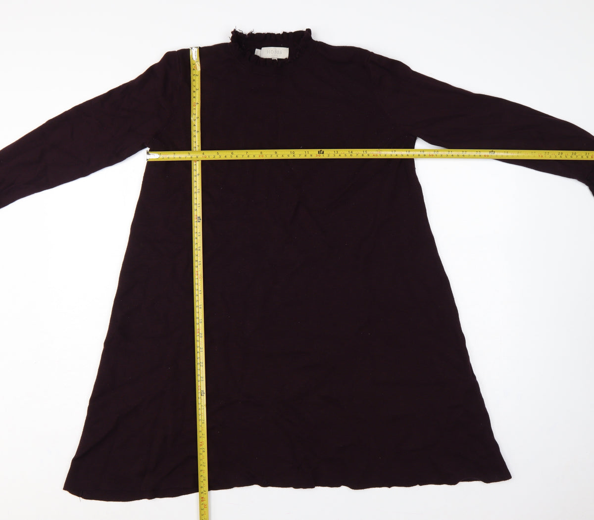 Hobbs Women Black UK 12 A-Line Knit Ruffle High Neck Bell Sleeve Dress
