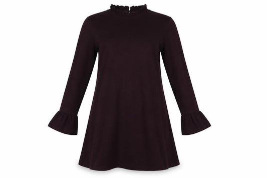 Front view of Hobbs Women Black UK 12 A-Line Knit Ruffle High Neck Bell Sleeve Dress