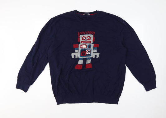 Club Room Men’s Blue 3XL Robot Graphic Pima Cotton Crew Neck Jumper