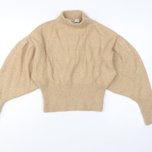 Zara Women Beige S Ribbed High Neck Puff Sleeve Knit Jumper
