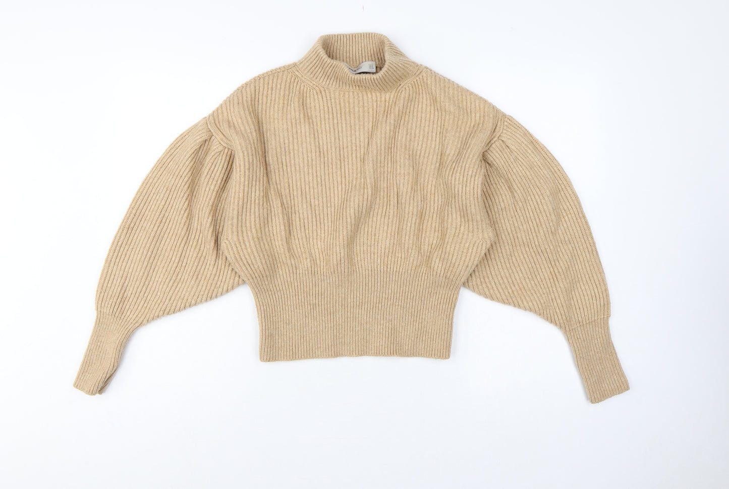 Zara Women Beige S Ribbed High Neck Puff Sleeve Knit Jumper
