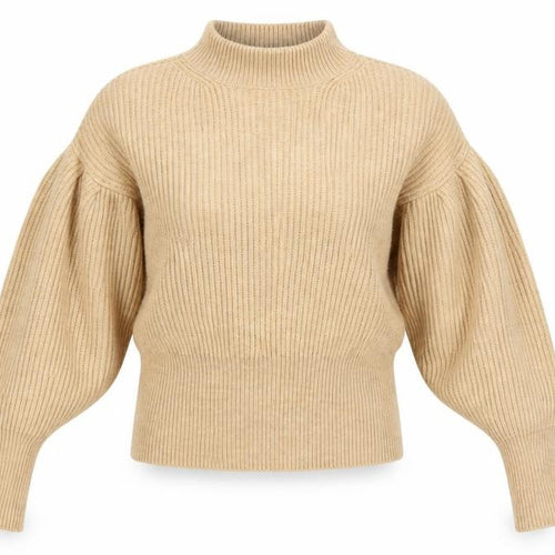 Zara Women Beige S Ribbed High Neck Puff Sleeve Knit Jumper