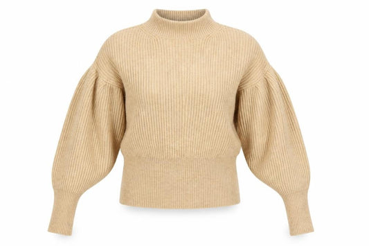 Zara Women Beige S Ribbed High Neck Puff Sleeve Knit Jumper
