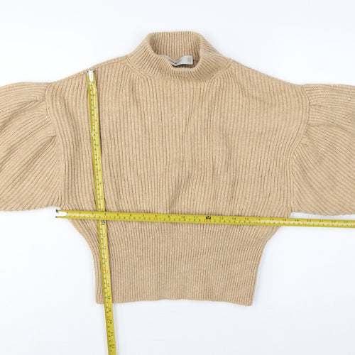 Zara Women Beige S Ribbed High Neck Puff Sleeve Knit Jumper
