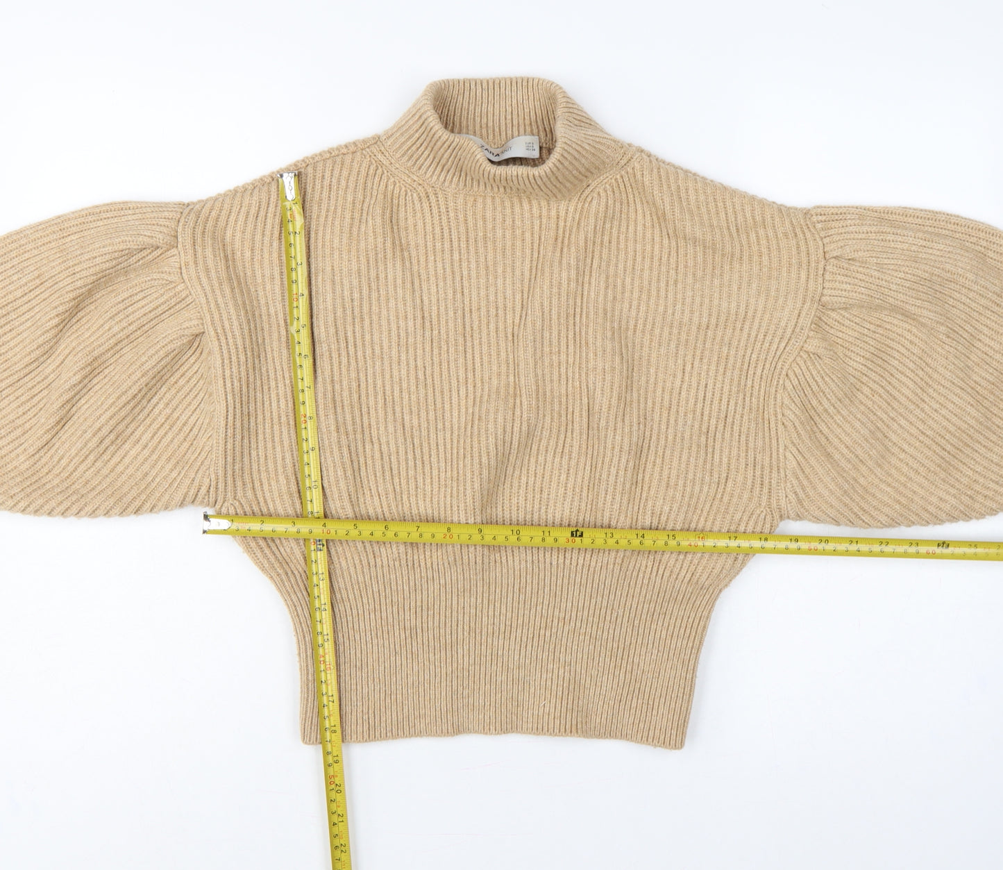 Zara Women Beige S Ribbed High Neck Puff Sleeve Knit Jumper