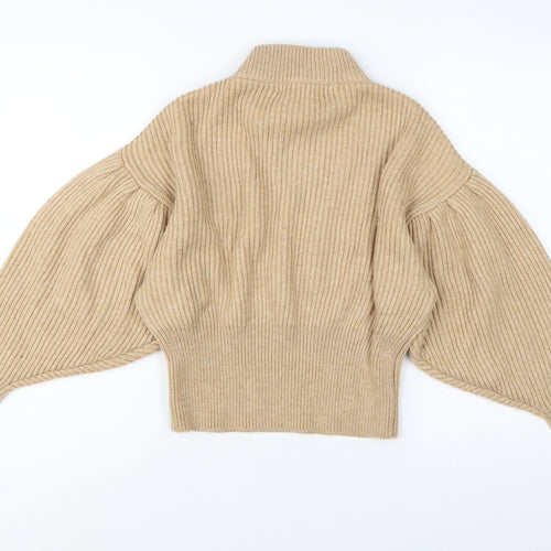 Zara Women Beige S Ribbed High Neck Puff Sleeve Knit Jumper
