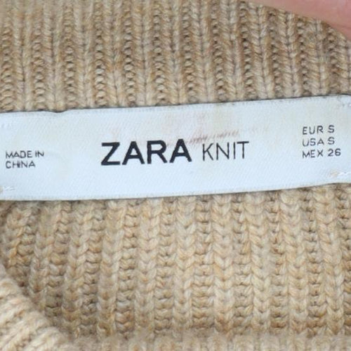 Zara Women Beige S Ribbed High Neck Puff Sleeve Knit Jumper