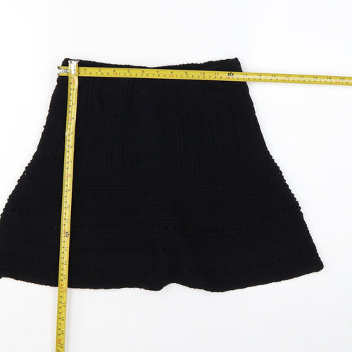 Zara Women Black S A-Line Mini Knit Cotton Blend Lined Skirt