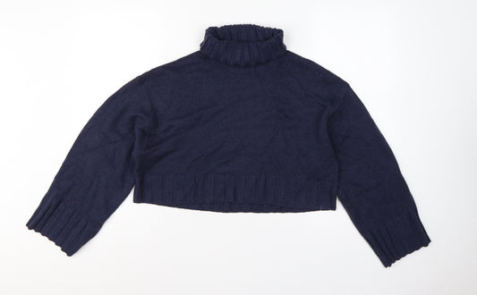 H&M Divided Women’s Blue M Cropped Roll Neck Raglan Knit Jumper