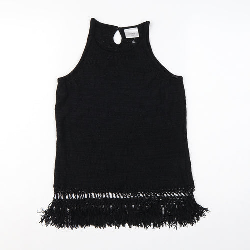Next Women Black Large Knit Fringe Keyhole Sleeveless Tunic Tank Top