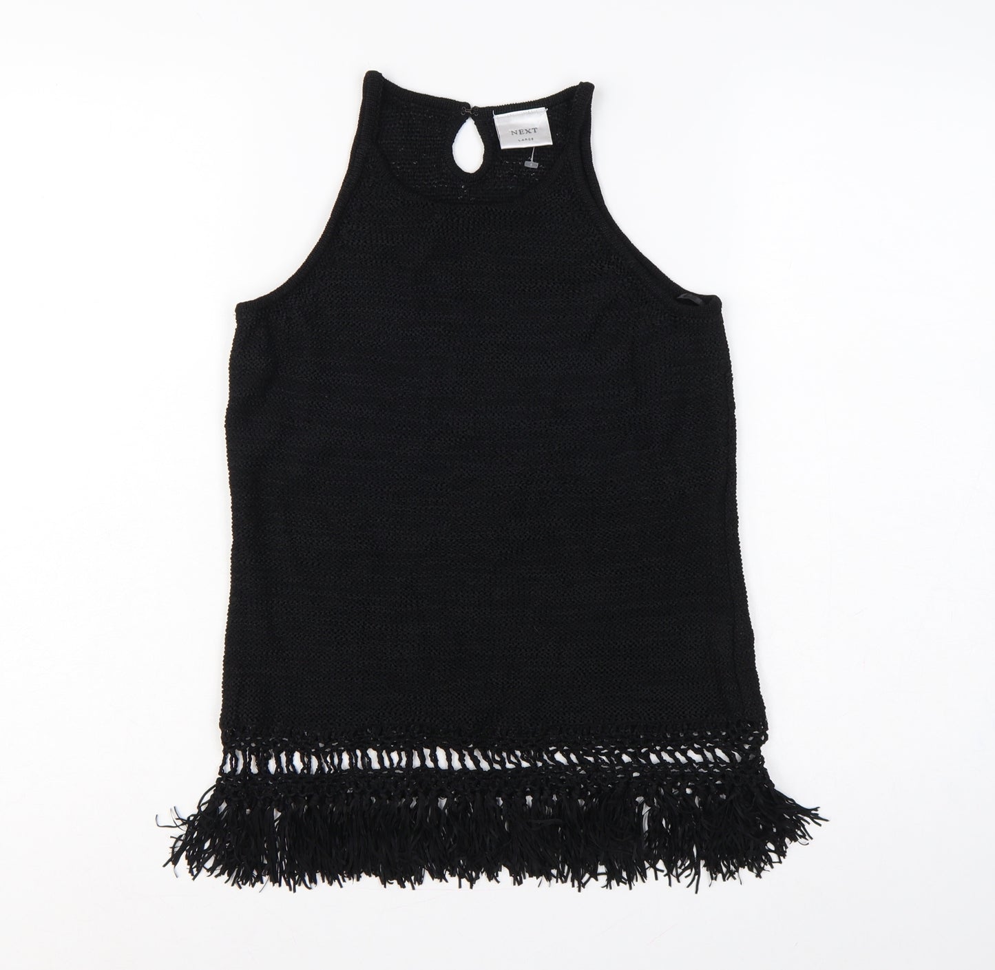 Next Women Black Large Knit Fringe Keyhole Sleeveless Tunic Tank Top