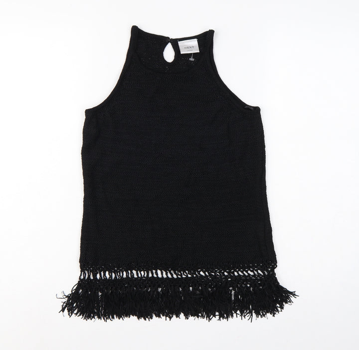Next Women Black Large Knit Fringe Keyhole Sleeveless Tunic Tank Top