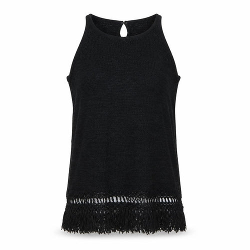 Next Women Black Large Knit Fringe Keyhole Sleeveless Tunic Tank Top