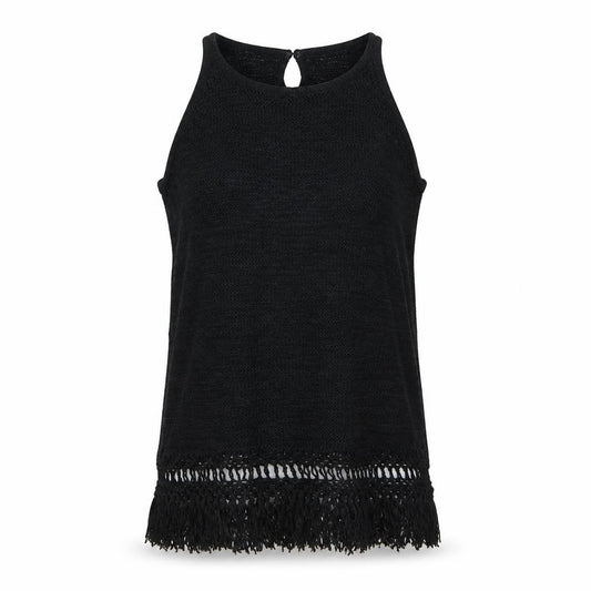 Next Women Black Large Knit Fringe Keyhole Sleeveless Tunic Tank Top