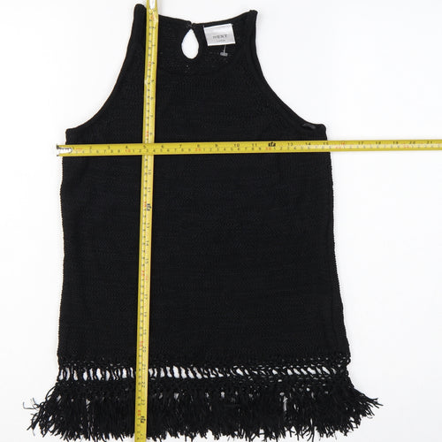 Next Women Black Large Knit Fringe Keyhole Sleeveless Tunic Tank Top