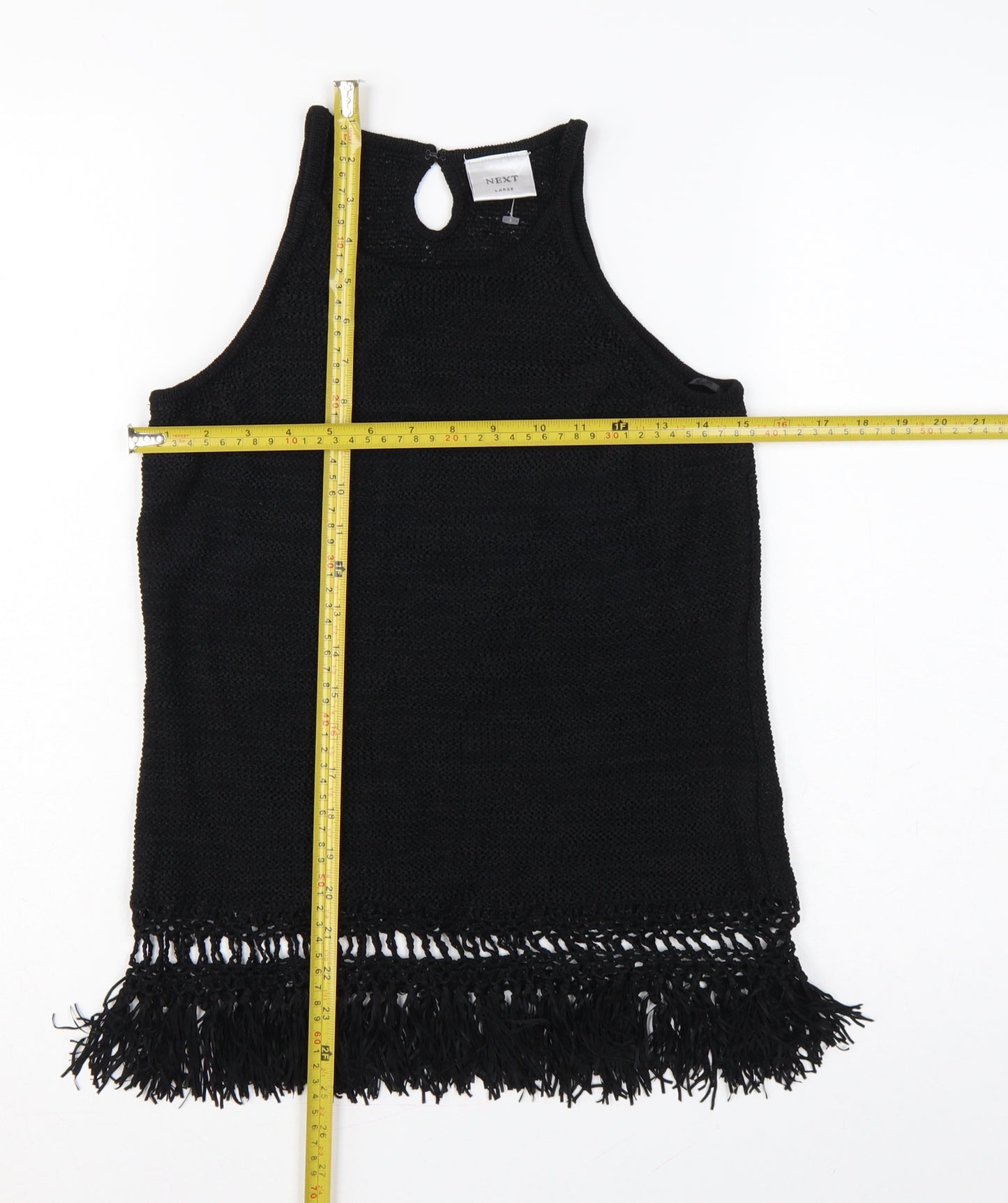 Next Women Black Large Knit Fringe Keyhole Sleeveless Tunic Tank Top