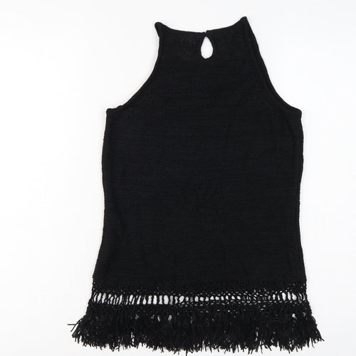 Next Women Black Large Knit Fringe Keyhole Sleeveless Tunic Tank Top