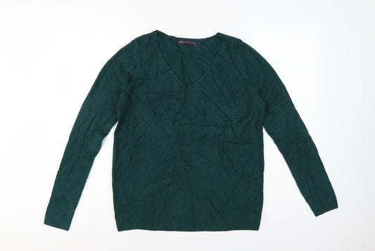 Marks & Spencer Women Green UK 12 V-Neck Rib Knit Acrylic Jumper