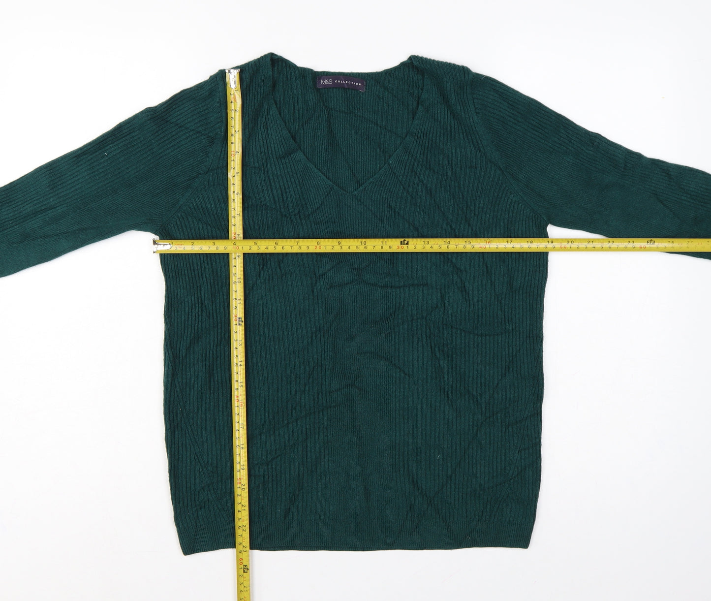 Marks & Spencer Women Green UK 12 V-Neck Rib Knit Acrylic Jumper