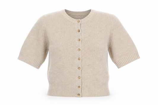 Topshop Women Beige Size 12 Short Sleeve Knit Button Cardigan