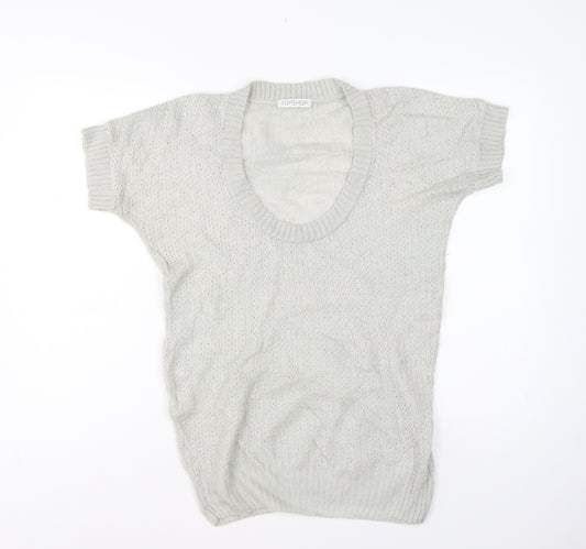 Topshop Women Grey UK 12 Short Sleeve Scoop Neck Open Knit Jumper