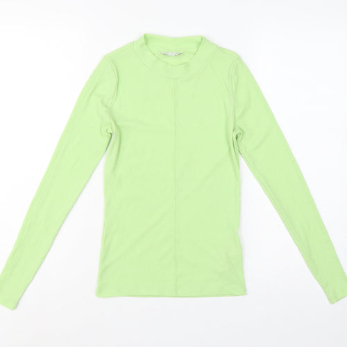 Topshop Women Green UK 8 Basic Ribbed Mock Neck Long Sleeve T-Shirt