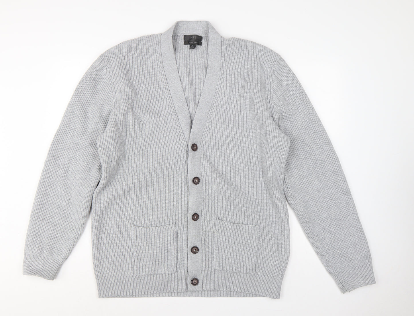 Marks and Spencer Men Grey XL Long Cotton Blend Rib Knit Cardigan