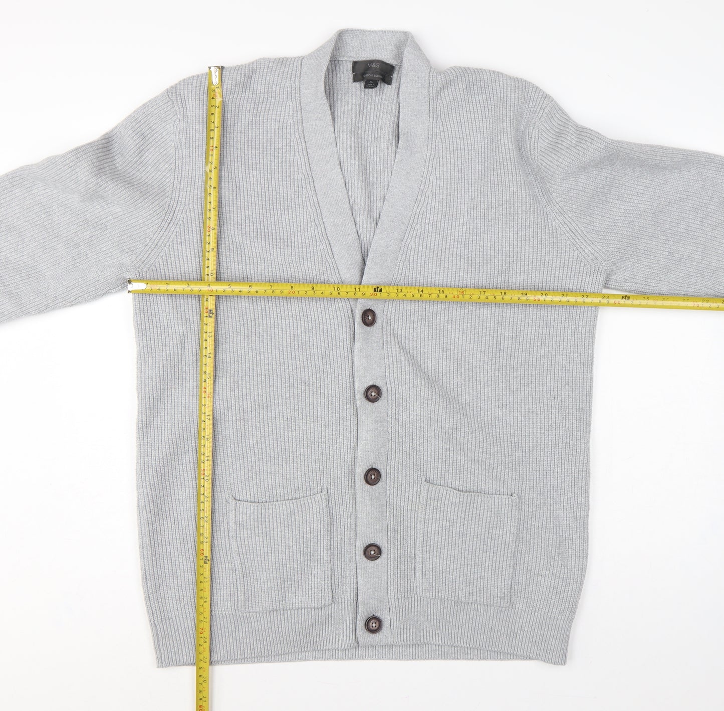 Marks and Spencer Men Grey XL Long Cotton Blend Rib Knit Cardigan