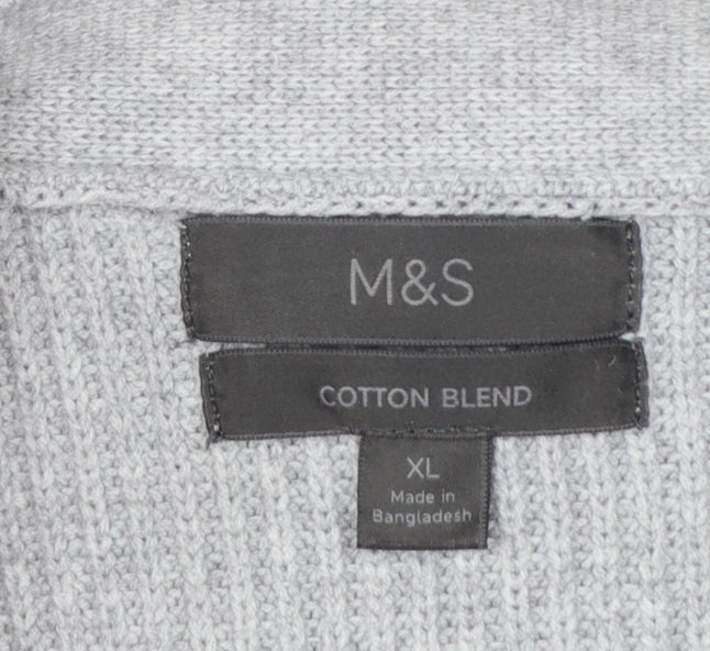 Marks and Spencer Men Grey XL Long Cotton Blend Rib Knit Cardigan