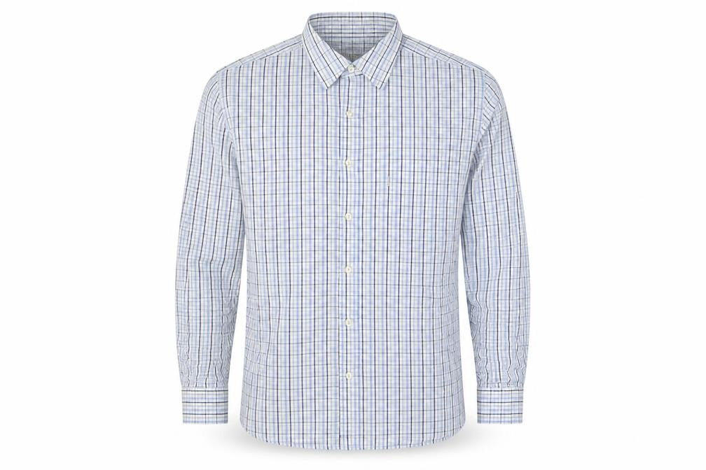 Front view of Barbour Men’s Blue Check Cotton Regular Fit Button-Down Shirt, size S