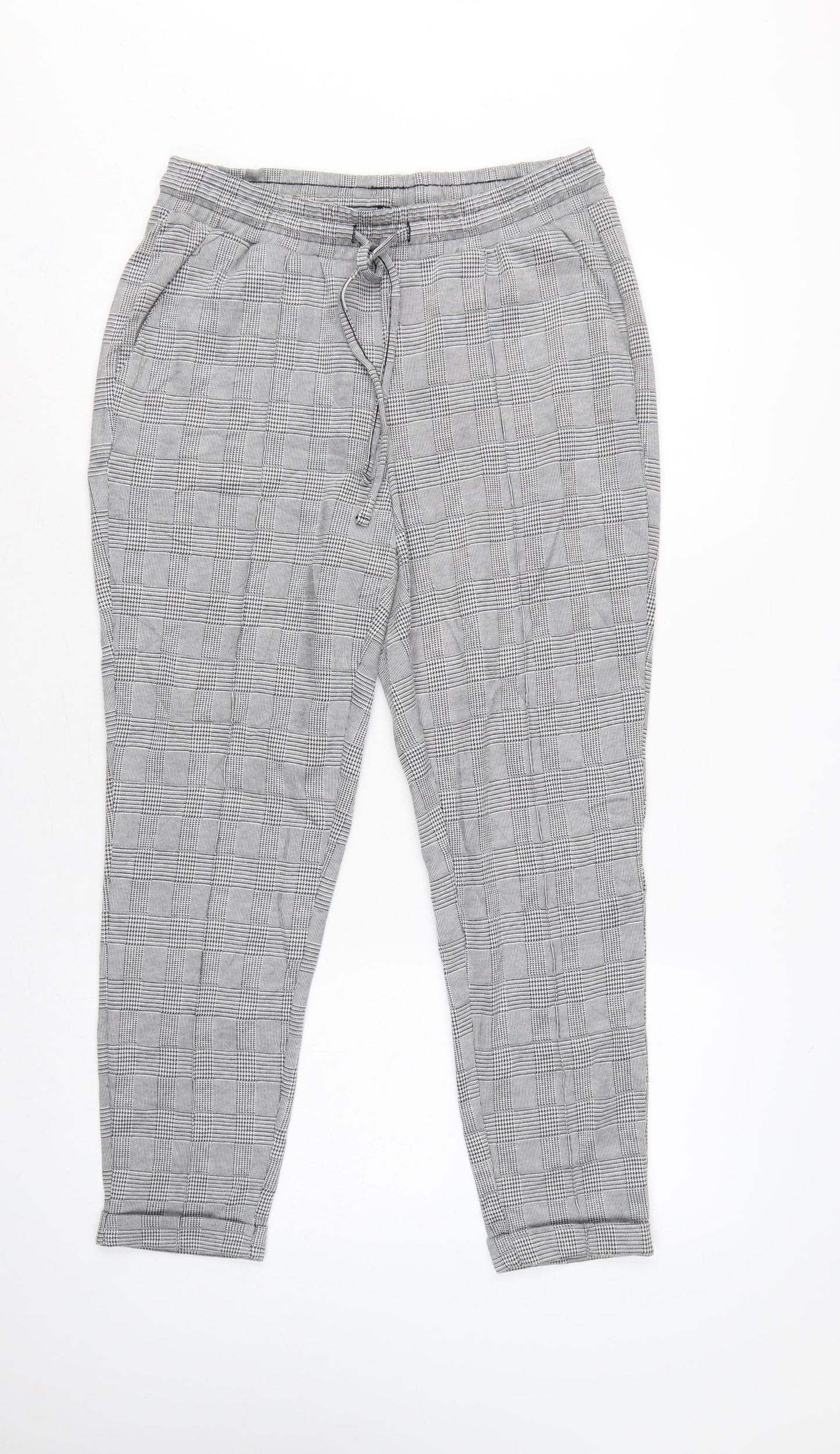 Vivance Women’s Grey Check Tapered Jogger Trousers UK 12 Drawstring
