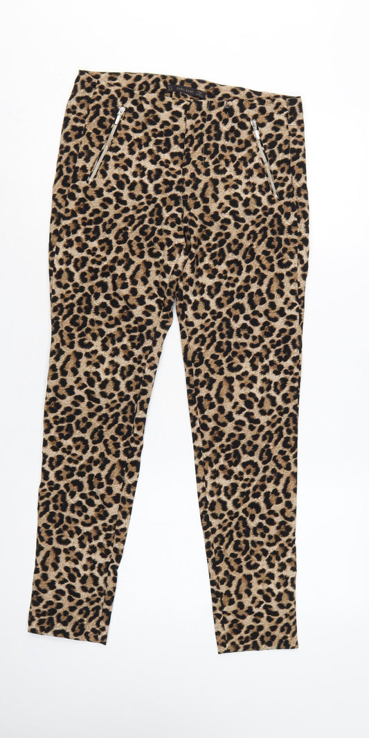 Zara Basic Women Brown Leopard Print Skinny Trousers Size S Zip Pockets