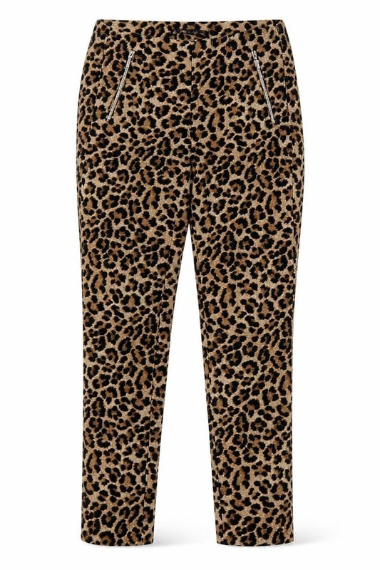 Zara Basic Women Brown Leopard Print Skinny Trousers Size S Zip Pockets