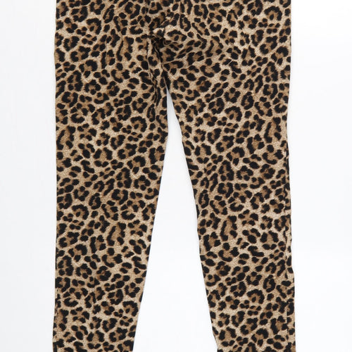 Zara Basic Women Brown Leopard Print Skinny Trousers Size S Zip Pockets