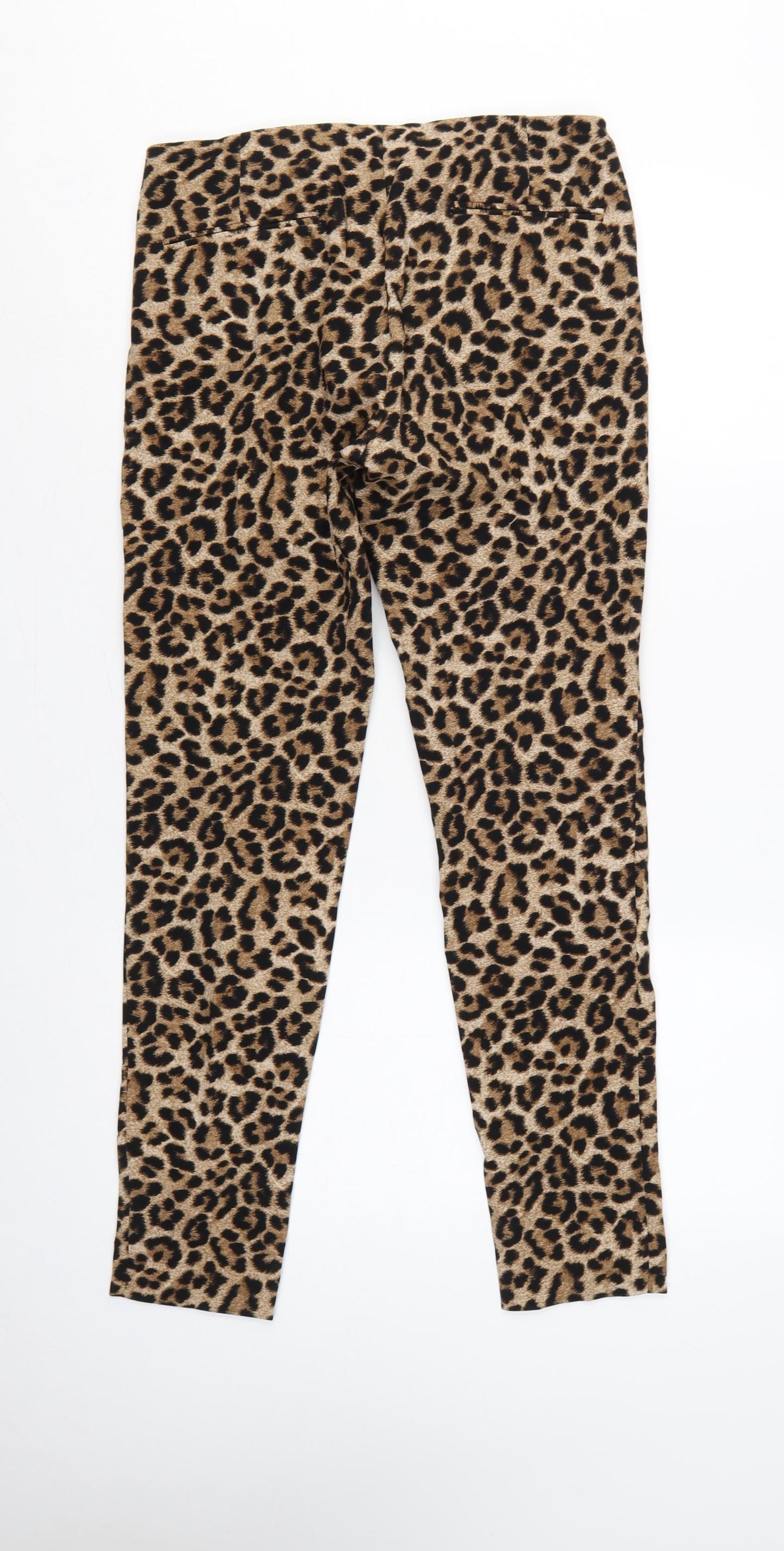 Zara Basic Women Brown Leopard Print Skinny Trousers Size S Zip Pockets