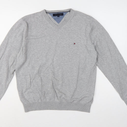 Tommy Hilfiger Men’s Grey L V-Neck Cotton Logo Pullover Jumper