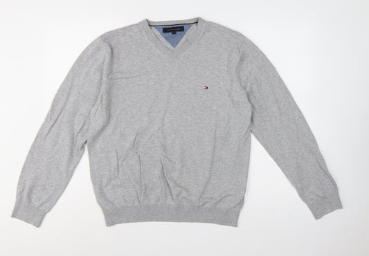 Tommy Hilfiger Men’s Grey L V-Neck Cotton Logo Pullover Jumper