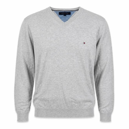 Tommy Hilfiger Men’s Grey L V-Neck Cotton Logo Pullover Jumper