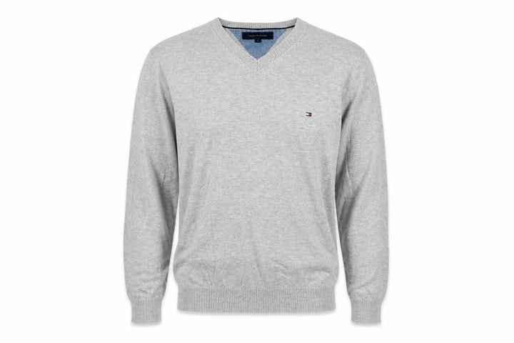 Tommy Hilfiger Men’s Grey L V-Neck Cotton Logo Pullover Jumper